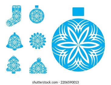 Set of New Year prints: ball, hat, sock, bell, Christmas tree, snowflake. Blue Christmas ball isolated on white background. Merry Christmas. Happy new year vector.