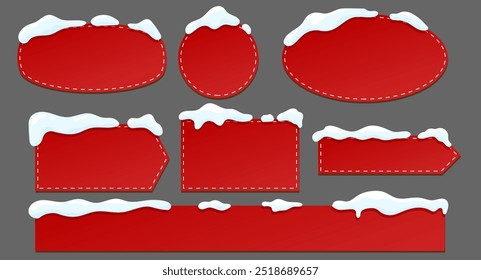 Conjunto de sinais vermelhos de Ano Novo na neve. Modelos, elementos do texto. Gráficos vetoriais.