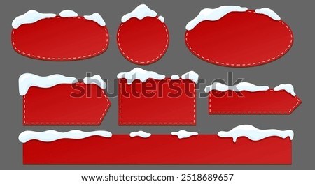 Set of New Year red signs in snow. Templates, elements for your text. Vector graphics.