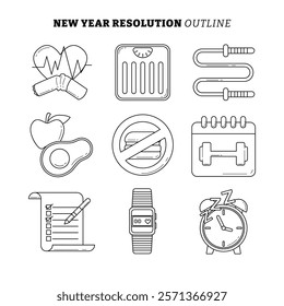 Set of New Year Resolution icon outline collection with line art style, gym, no smoking, loss weight, workout, diet, healthy lifestyle, watch, no fast food, flat vector illustration.