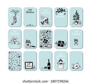 Set of New Year s cards. Christmas greetings with hand drawings. Vector doodle illustration on a blue background. Collection for design, sale, invitations, holiday decor