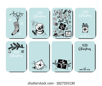 Juego de tarjetas de Año Nuevo. Saludos de Navidad con dibujos a mano. Ilustración del doodle vectorial en un fondo azul. Colección para diseño, venta, invitaciones, decoración de vacaciones