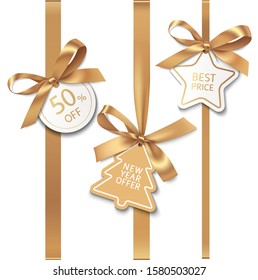 Set of New year sale decorations. Golden bow with price tag. Vector illustration