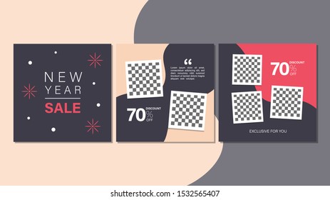 Set of new year sale square banner. Editable banner for social media post, web and internet. Discount Sale banner for new year special offer template design