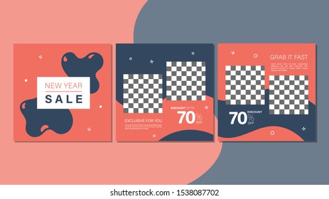 Set of new year sale square banner. Editable banner for social media post, web and internet. Discount Sale banner for new year special offer template design