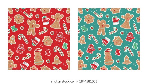 Set of New Year seamless patterns. Red and green vector Christmas background. New Year. Merry Cristmas. Gingerbreads, ginger house, ginger man, lollipop.