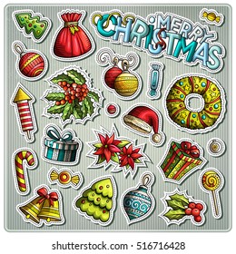 Set of New Year season cartoon stickers. Vector hand drawn objects and symbols collection. Label design elements. Happy holidays. Cute patches, pins, badges series. Comic style.