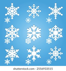Set of New Year snowflakes on a blue background