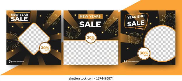 Set of new year square banner template. Black background with fireworks shape. Usable for social media post and web internet ads. Flat design vector with photo collage