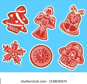 Set of New Year stickers. Christmas gingerbread cookies with icing. Biscuit cookies.