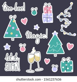 Set of New Year stickers. Cute style hand-drawn gifts, balls, christmas tree, champagne glasses and stars. Vector hand-drawn lettering and New Year symbols.