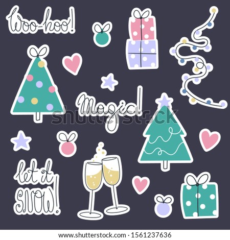 Set of New Year stickers. Cute style hand-drawn gifts, balls, christmas tree, champagne glasses and stars. Vector hand-drawn lettering and New Year symbols.