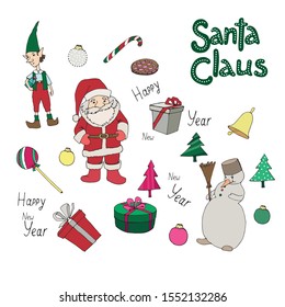 Set, new year, stickers, stickers, elf, gift, tree, christmas ball, candy canes, cookies, bell, lettering, text, santa claus, white background, vector, holiday, happiness, mood, red, green, white 