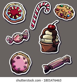 Set of New Year sweets on a gray background, stickers, sweets, for children, cartoon style, cut out, contour, holiday, new year, cookies, candy cane, cake, caramel cane, cherry, congratulation, cute