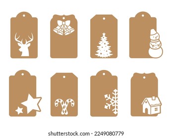 Set of New Year tags. Collection of Christmas labels for gifts with reindeer, Christmas tree, snowman, etc. Vector illustration on white background for holiday cards.