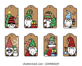 Set of New Year tags with gnomes. Collection of Christmas labels gnomes with snowflakes, Christmas tree, gifts, etc. Vector illustration on white background for holiday cards.