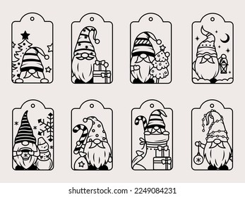 Set of New Year tags with gnomes. Collection of Christmas labels gnomes with snowflakes, Christmas tree, gifts, etc. Vector illustration on white background for holiday cards.
