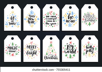 Set of New Year tags with Let It Snow, Holly Jolly etc hand lettering. Vector Christmas labels with festive drawings.