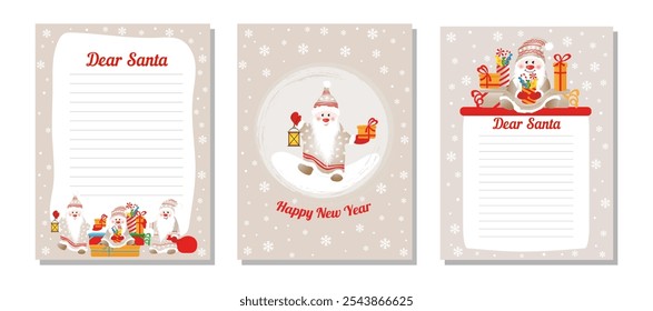 Conjunto de Plantillas de Año Nuevo con lindos gnomos para tarjetas de vacaciones, listas de deseos para Santa Claus, tarjetas de felicitación. Ilustración vectorial 10.