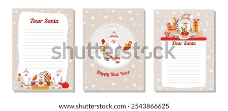 Set of New Year templates with cute gnomes for holiday cards, wish lists for Santa Claus, greeting cards. Vector illustration EPS 10.