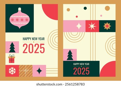 Set of New Year templates, flyers, posters. Abstract modern geometric patterns. Vector illustration.