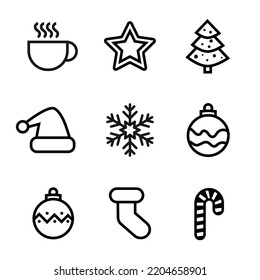 Set of New Year thin line icons for Christmas, parties and celebrations. Collection of contour symbols on white background. Vector illustration