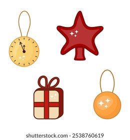 set New Year toy, attributes for Christmas tree decoration. Vector isolated illustration gift, red star for Christmas tree, clock chimes, New Year ball, bauble.