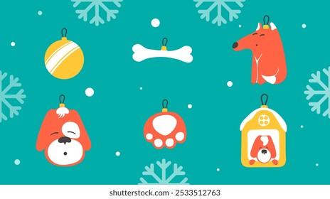 Set of New Year tree toys for dog lover. Flat vector illustration.