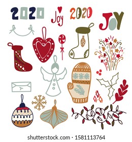Set of New Year vector doodle illustrations isolated on white background. New Year number, sock, mitten, angel, snowflake, lights, envelope, heart toy, joy lettering and decoration elements