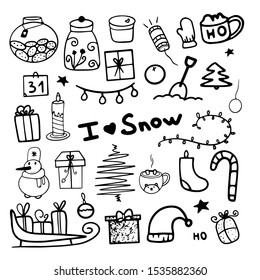Set of New Year vector icons. hand drawn vector. Winter elements for greeting cards, posters, stickers and seasonal design. Isolated on a white
