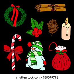Set new year vector illustration. Wreath, candy, a bag with gifts, snowman, candle, cinnamon, cones, Holly. 