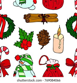 Set new year vector illustration. Wreath, candy, a bag with gifts, snowman, candle, cinnamon, cones, Holly. 