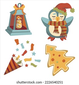 conjunto de pingüino vector año nuevo en santa hat gingerbread en forma de fir tree clapperboard navidades año nuevo