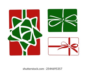 Set of New Year white, red and green gift box silhouette with bow isolated on white background. Christmas and new year holiday decoration. Flat lay. Vector stock illustration.