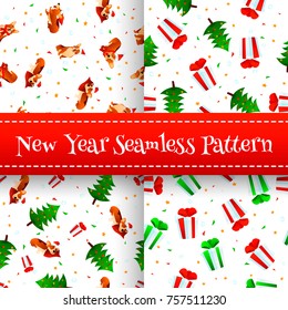 Set of New Year wrapping paper textures,Seamless pattern postcards with cartoon dogs Corgi,cute xmas tree and red gift boxes on white background with stars