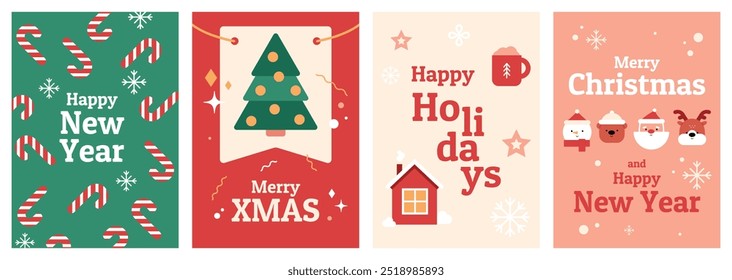 Set of New Year and Xmas cards. Posters with geometric elements, cute characters, winter graphics, traditional celebration banners. Vector illustration, Christmas modern placard.