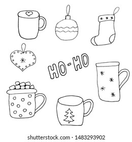 set of New Year and Xmas icons. Cute hand drawn vector illustration. Winter elements for greeting cards, posters, stickers and seasonal design. Isolated on white background