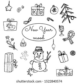 Set of New Year and Xmas icons. Cute hand drawn vector illustration. Winter elements for greeting cards, posters, stickers and seasonal design. Isolated on white background