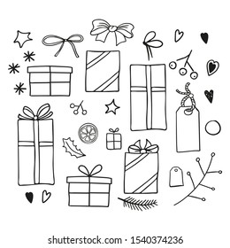 Set of New Year and Xmas icons for decorating gifts in doodle style. Isolated on white background. Winter elements for banners, cards, coloring book, stickers design. Hand drawn vector illustration.