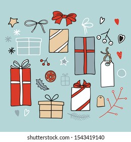 Set of New Year and Xmas icons for decorating gifts in doodle style. Winter elements for banners, cards, stickers design. Hand drawn vector illustration in pastel colors.