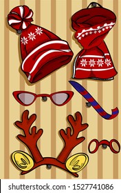 Set of New Year's accessories. Deer horns, Christmas hat and scarf, glasses.