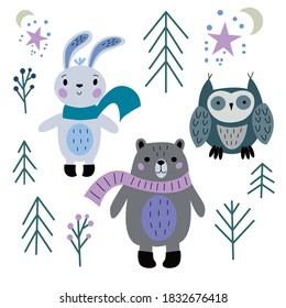 Set of New Years animals - bear, bunny, owl, christmas tree,stars, moon on a white background, in vector graphics. For the design of postcards, posters, wrapping paper, covers, prints for textiles.