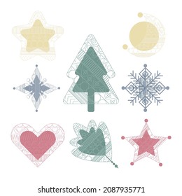 Set of New Year's attributes. Universal Winter Holidays art templates. Vector illustrations.