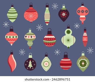 Set of New Years balls. Decorative decorations from balls for Christmas. Vector.