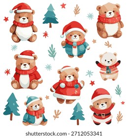 Un conjunto de osos de Año Nuevo con sombreros y bufandas festivos, así como árboles de Navidad estilizados. Todos los Elementos se hacen en un esquema de color armonioso único. Para crear un diseño festivo de embalaje, tarjetas
