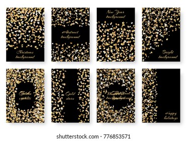 A set New Year's brilliant birthday invitation mockup with flying golden stars of confetti for festive decoration