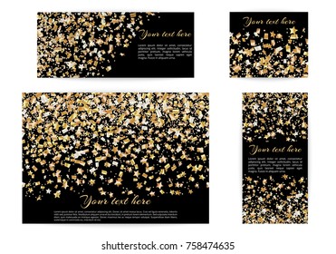 A set New Year's brilliant design of the banners of the catalog with flying stars of confetti for festive design
