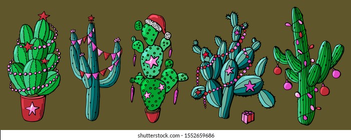 set of new year's cacti. Decorated Christmas trees in a new way