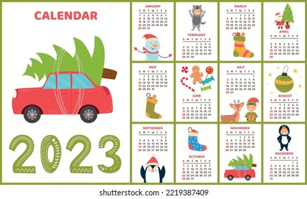 A set of New Year's calendar. is ready to print. Santa Claus, reindeer, gifts Christmas tree.