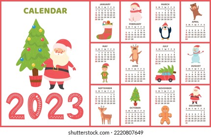 A set of New Year's calendar. is ready to print. Santa Claus, reindeer, gifts Christmas tree.